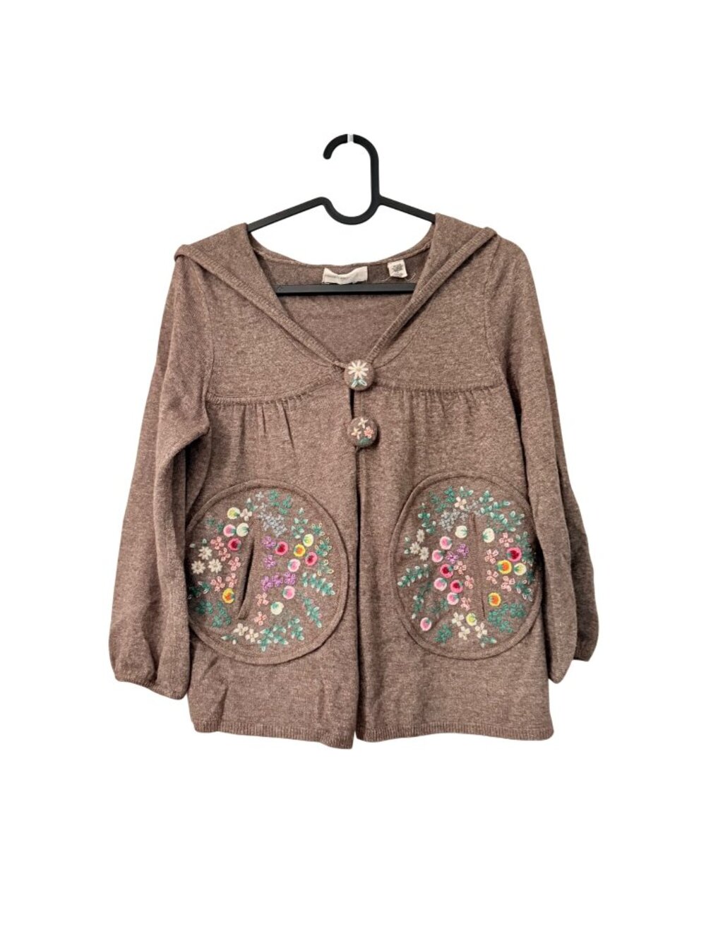 VTG Sleeping on Snow Brown Wool Blend Floral Embroidered Hooded Cardigan Small